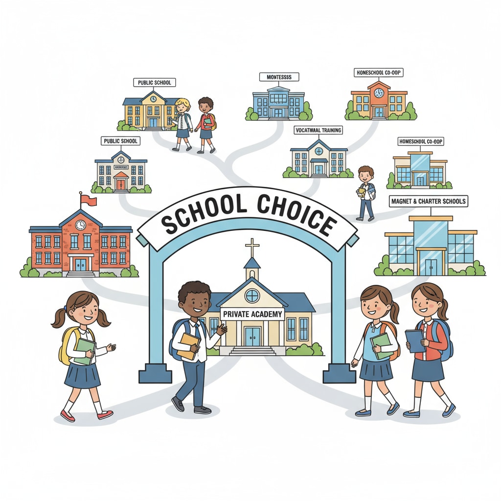 Students walking into different schools as an example of school choice in the context of conservatives' view on education policy