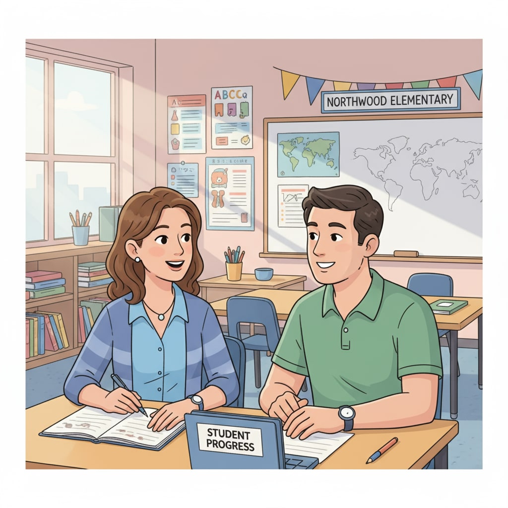 A parent and teacher having a conversation during a parent-teacher conference in an American public school. Parent-teacher conference in American public education