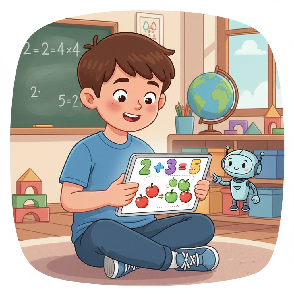A child using a tablet to learn basic math concepts as part of a learning program for math ability improvement