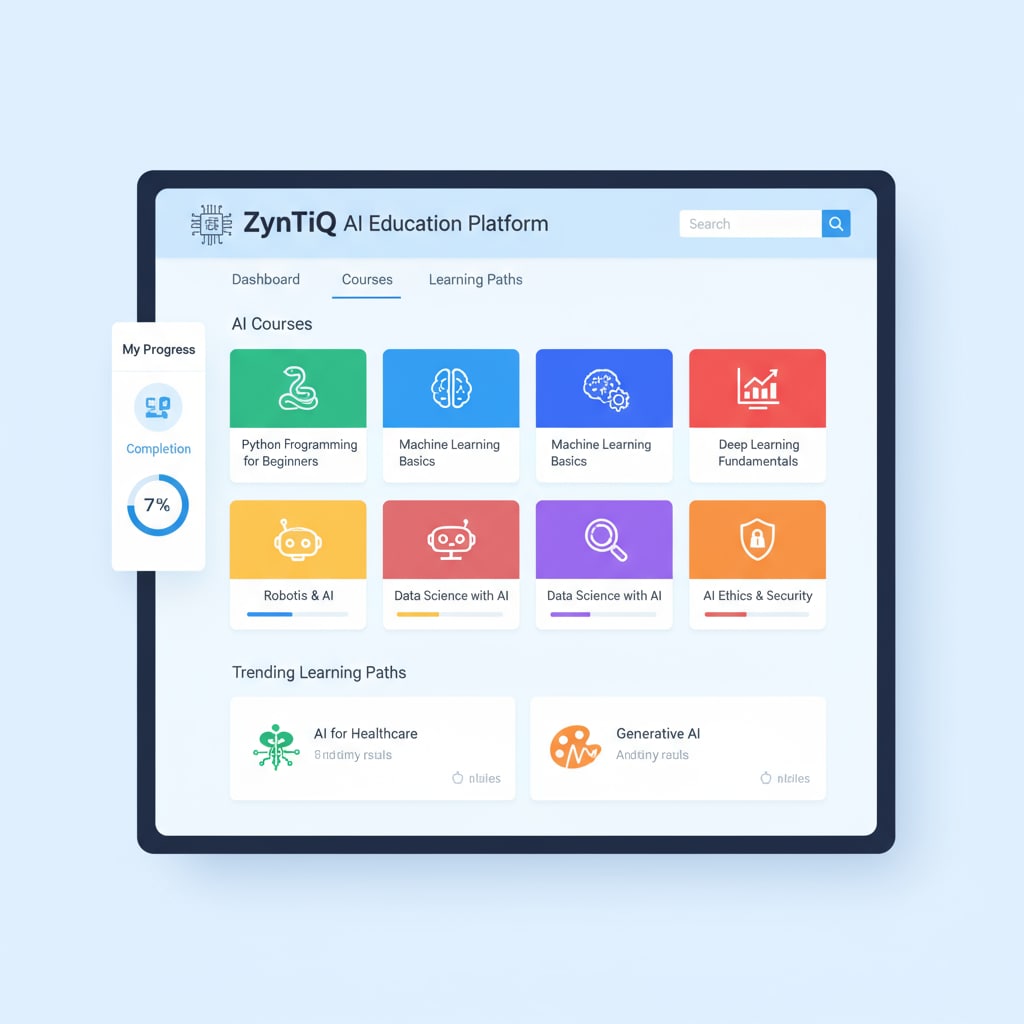 ZynTiQ AI education platform interface with various AI courses related to AI education, lifetime membership, and course certification