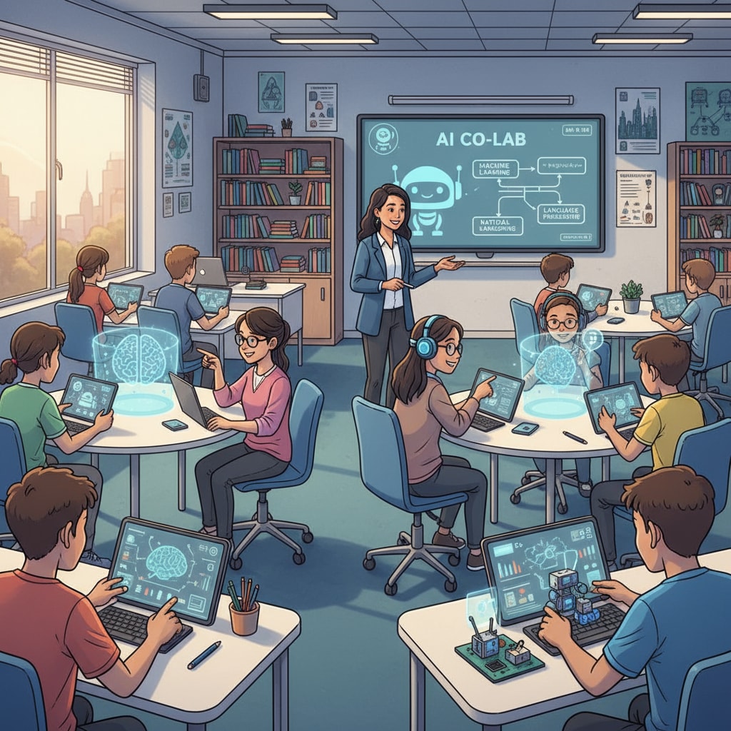 Students engaged in AI education in a modern classroom