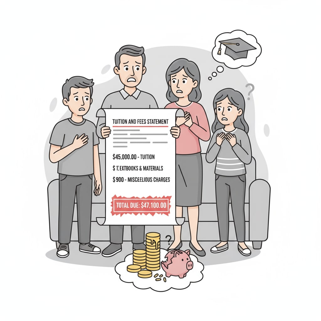 A family under financial stress due to tuition looking worried