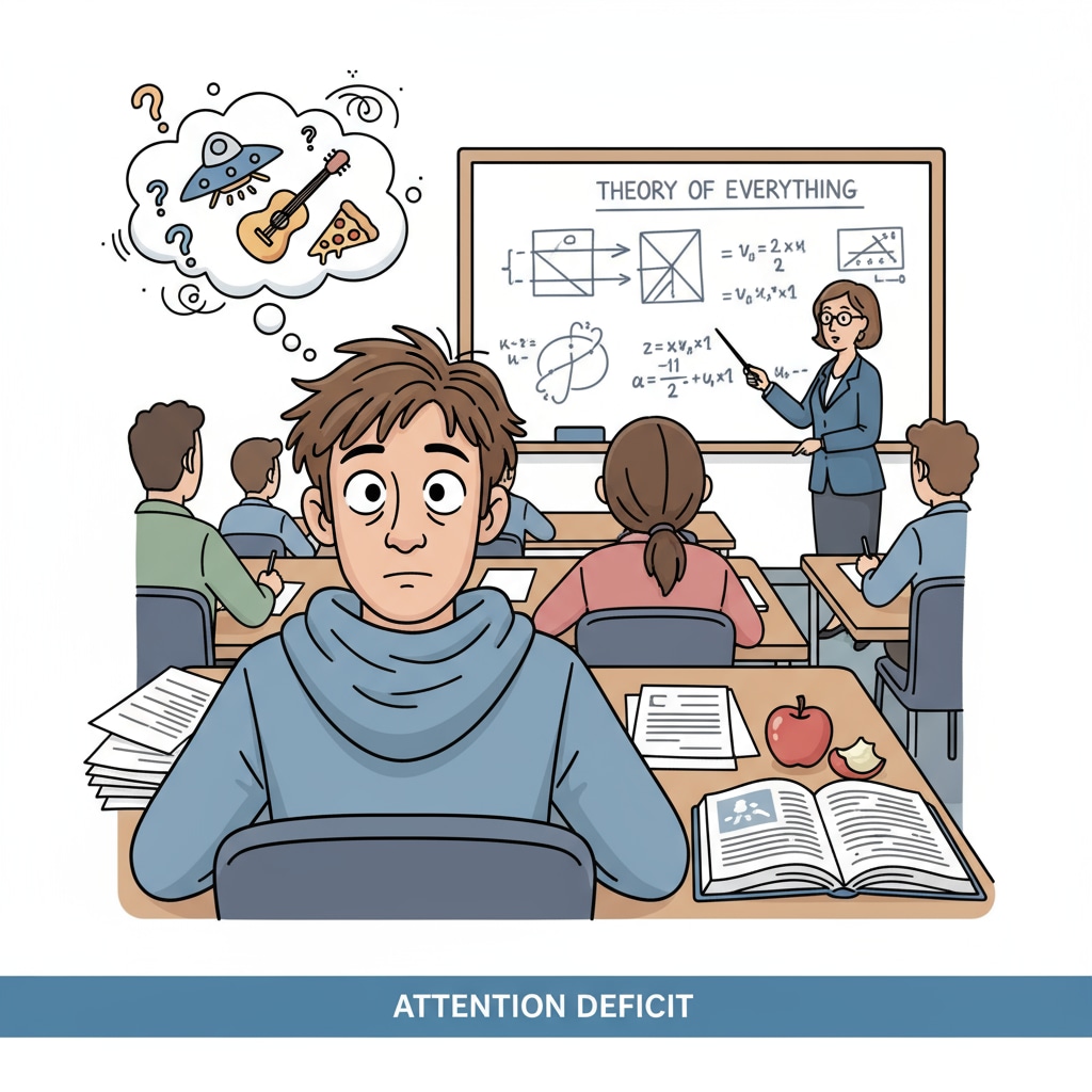 A student with attention deficit struggling in a theory learning environment