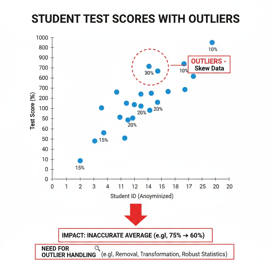 Graph of test scores showing outliers relevant to test scores, data analysis, and outlier handling