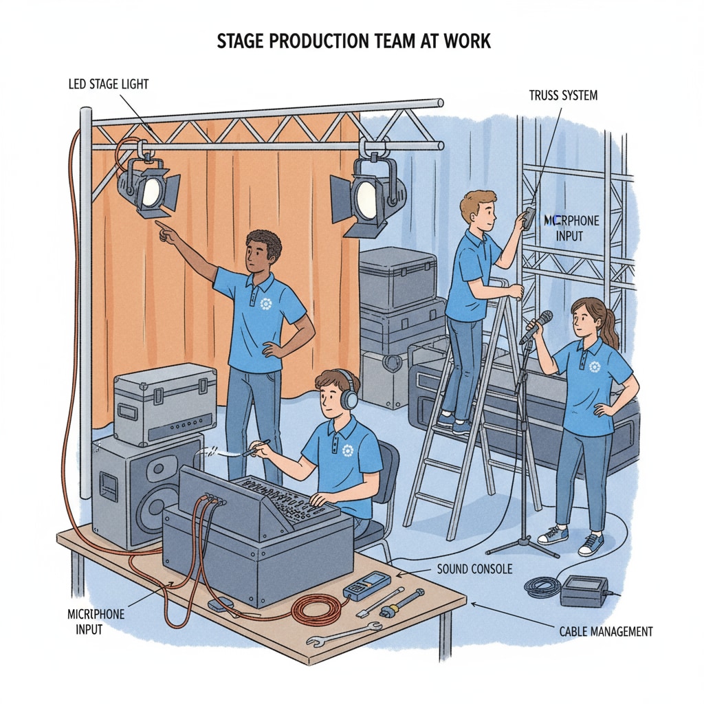 Students in a school technical team engaged in performance technical services