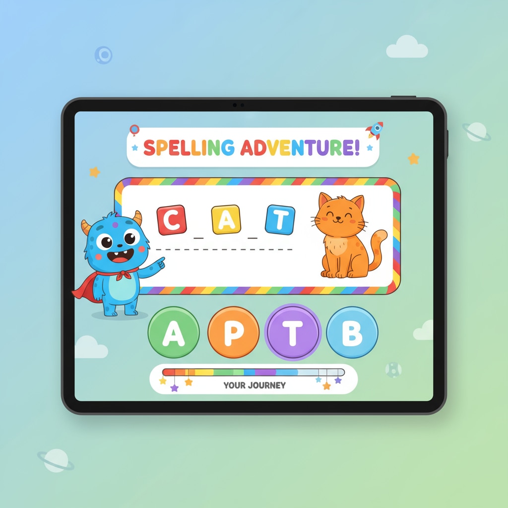 A simple and colorful app interface for ADHD children's spelling learning.