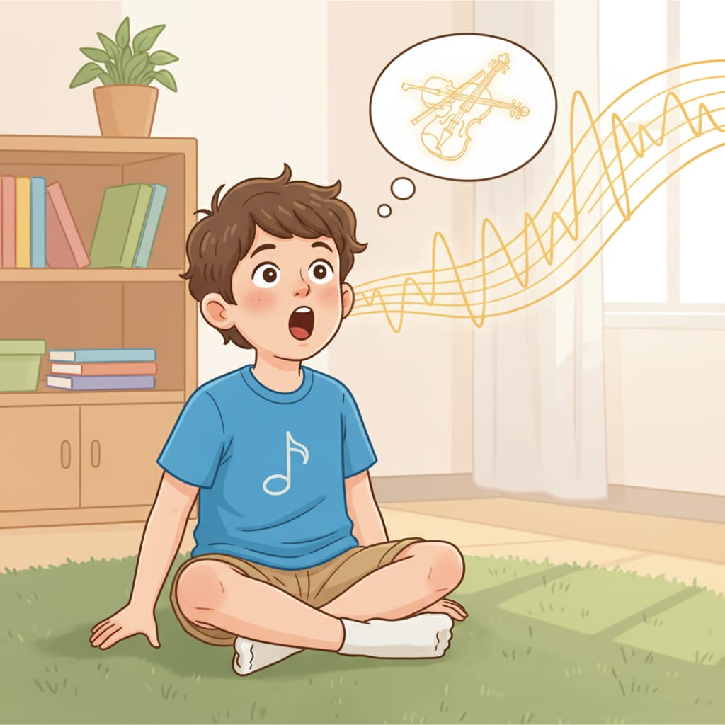 A child being intrigued by a violin sound that could potentially be misinterpreted as crying.
