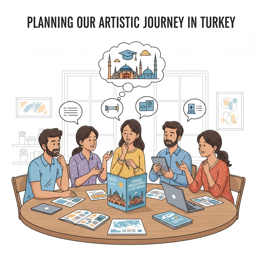 A group of Indian artists are sitting around a table, discussing their plans to study in Turkey, with some papers and brochures about Turkish universities in front of them. Indian artists discussing their study plans in Turkish universities