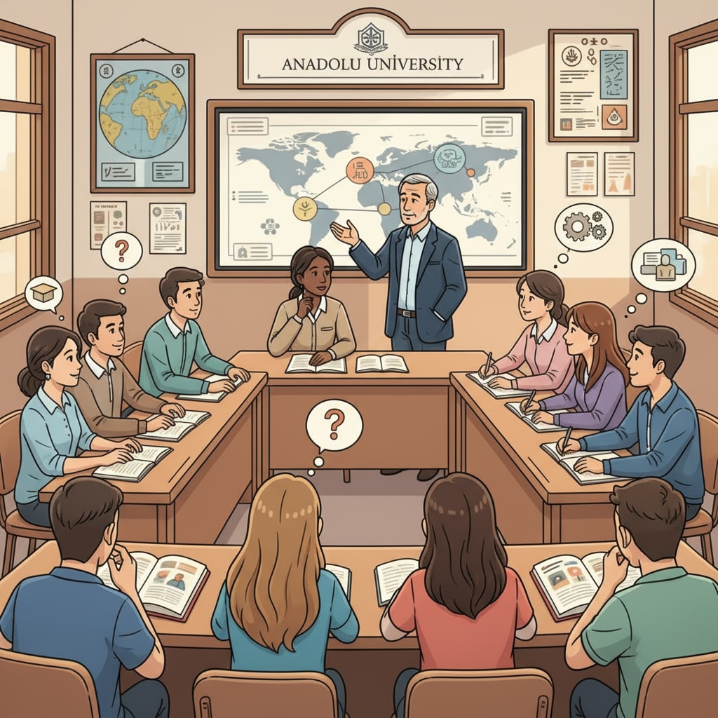A classroom in a Turkish university filled with international students from different backgrounds, listening attentively to the professor. International students in an English - taught class in a Turkish university