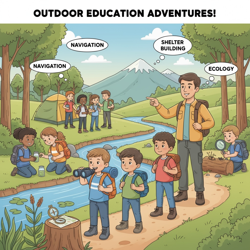A group of students are engaged in various outdoor activities under the guidance of a teacher, representing the essence of outdoor education. Students participating in outdoor education activities related to public school partnerships