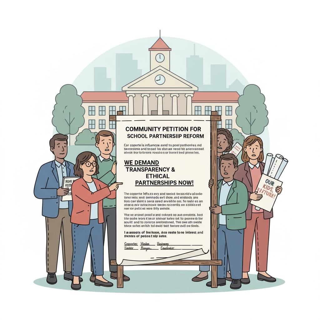 A group of concerned citizens are holding a large sign with a petition, expressing their desire for change in school partnerships. People advocating for changes in school partnerships through a petition