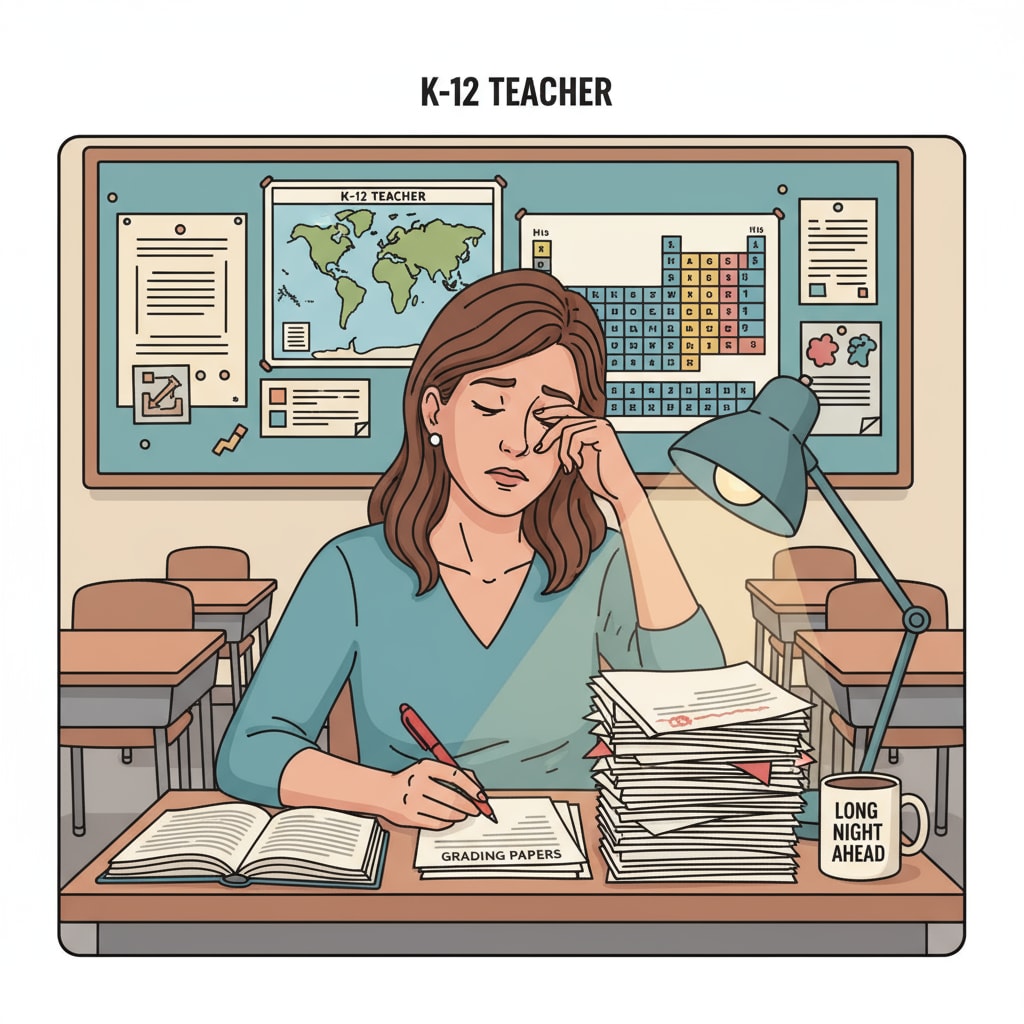 K12 teacher grading papers and showing signs of stress related to work support and teaching satisfaction