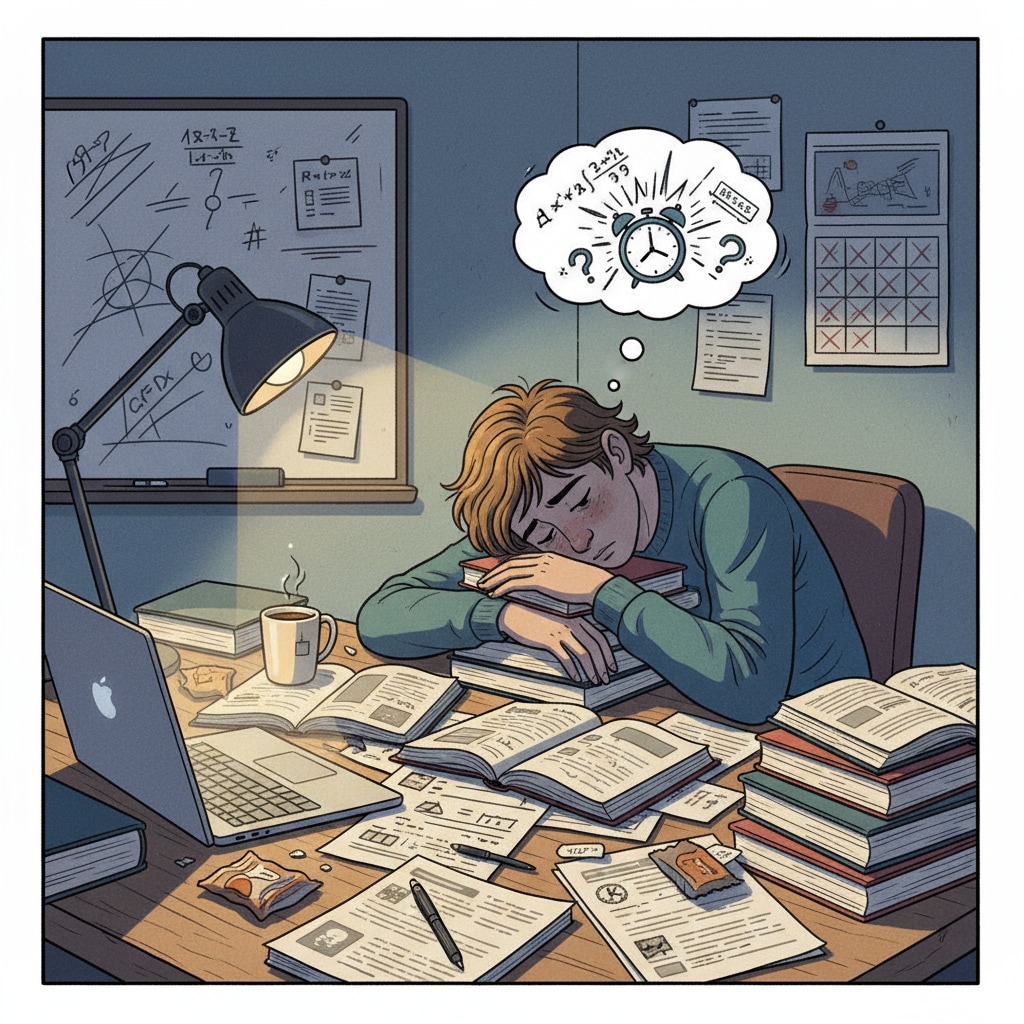 A tired student doing traditional homework