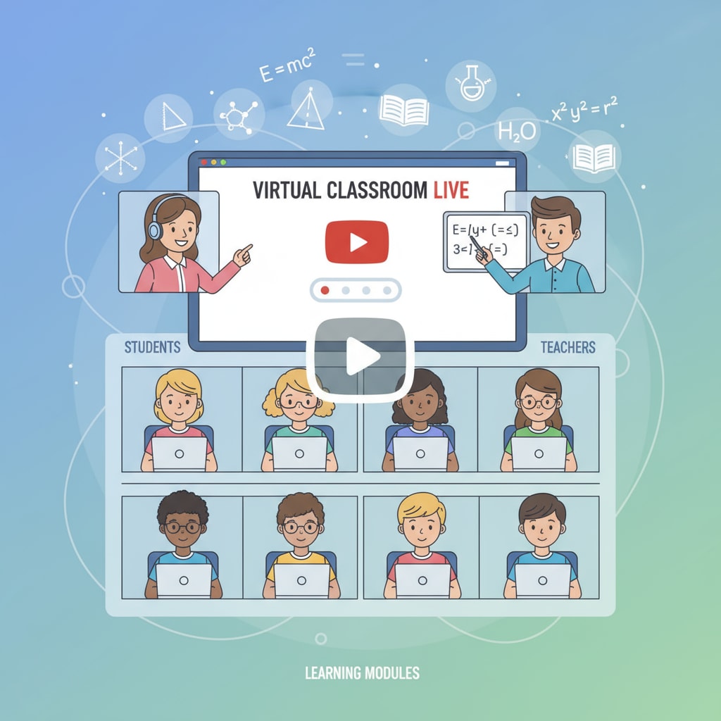 An image showing the interaction between students and teachers in an online education setting related to YouTube teachers, subject recommendations, and online education.
