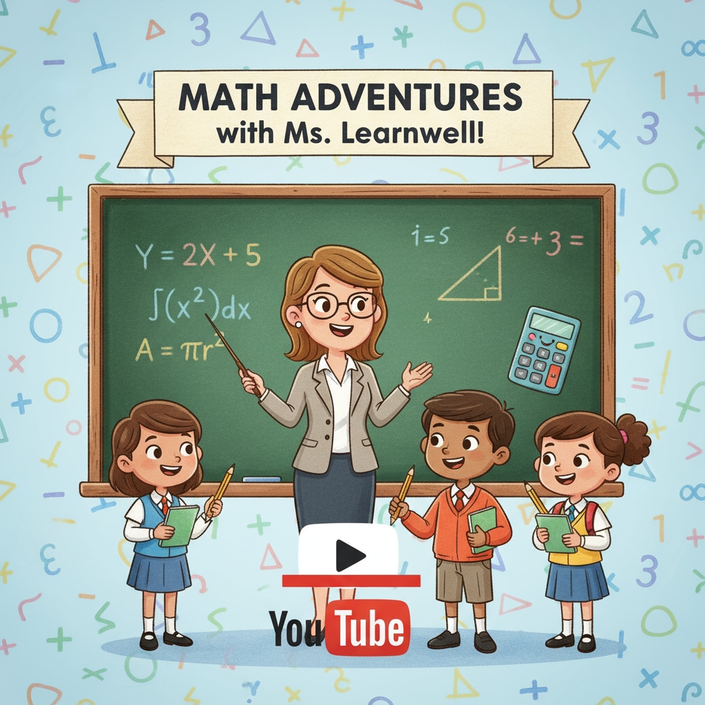 Animated characters solving math problems in a YouTube video, representing the mathematics education aspect of YouTube teachers, subject recommendations, and online education.