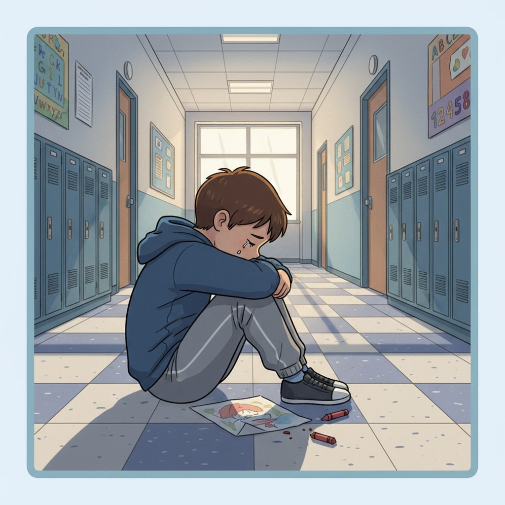 Sad child due to privacy breach regarding divorced parents in school directory