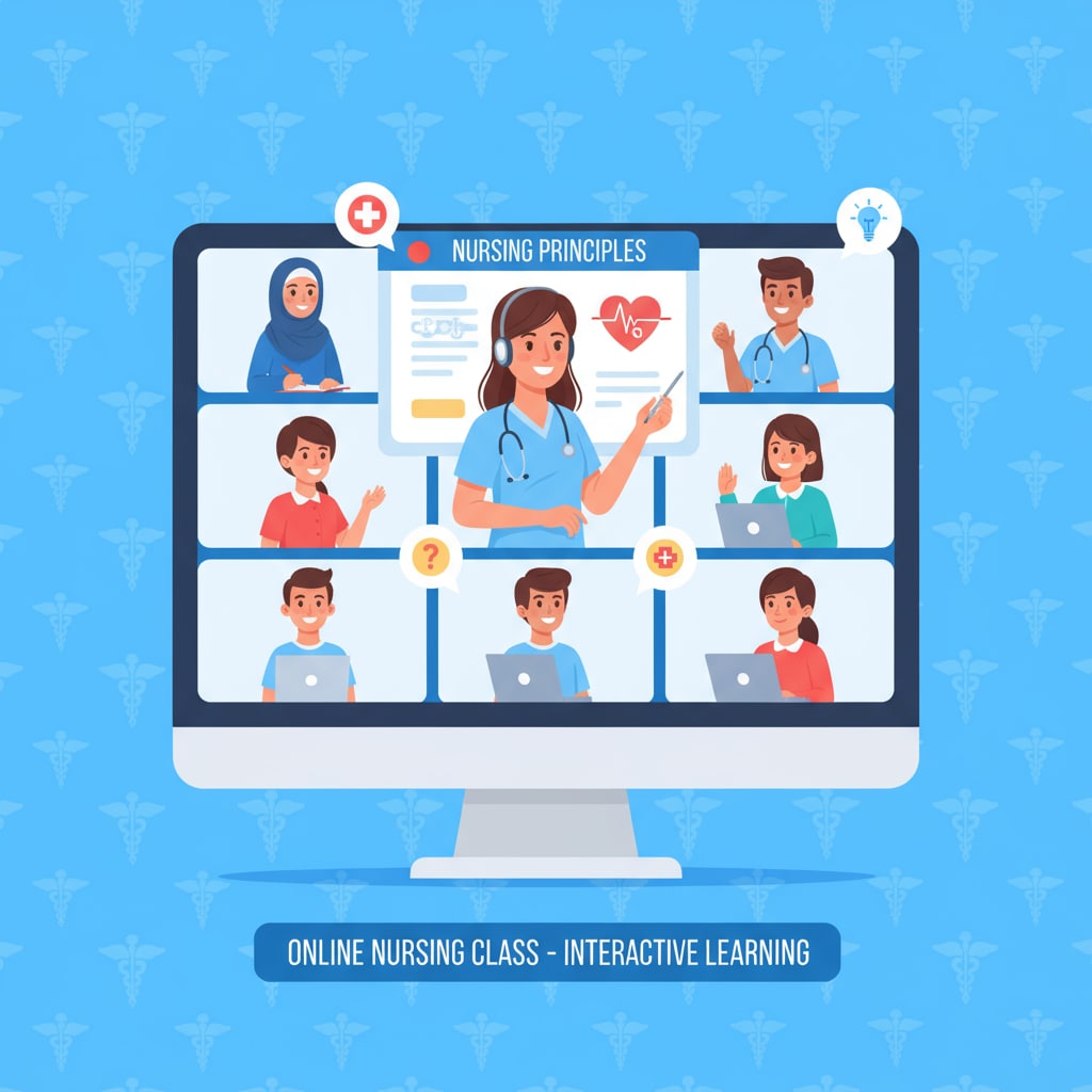 Students attending an online nursing class in a program with no ACT/SAT requirements
