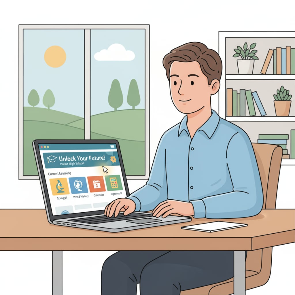 Adult engaged in online high school learning
