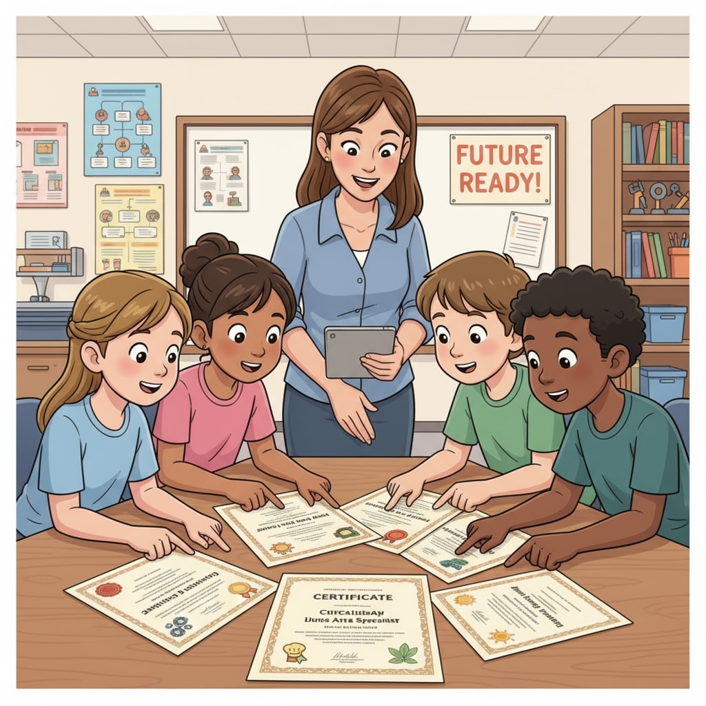 A group of K12 students are gathered around a table, examining different vocational certificate samples, showing their curiosity and interest in these certificates. K12 students exploring vocational certificates related to employment value and educational investment