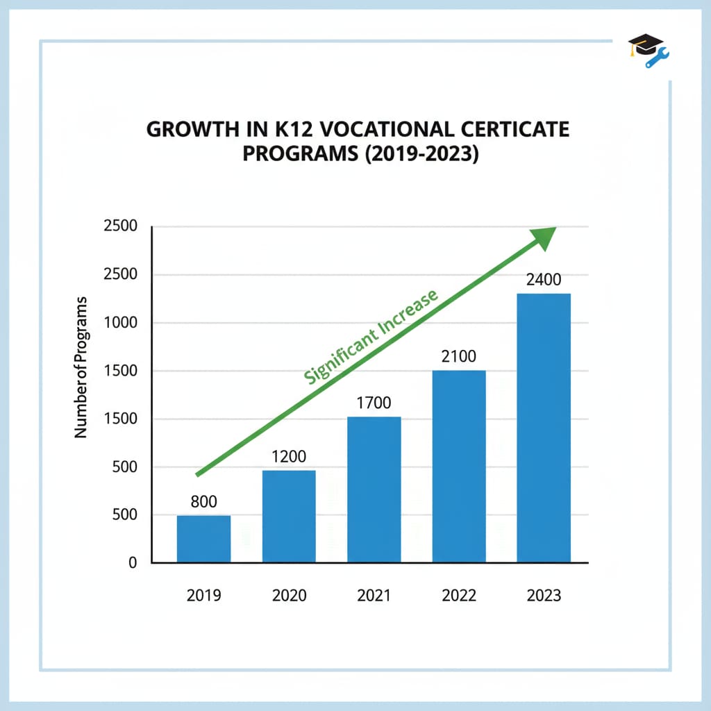 A bar chart displays the upward trend of the number of vocational certificate programs offered in K12 schools over the past few years, highlighting the growth in this area. Chart showing the growth of K12 vocational certificate programs relevant to career certifications and educational investment