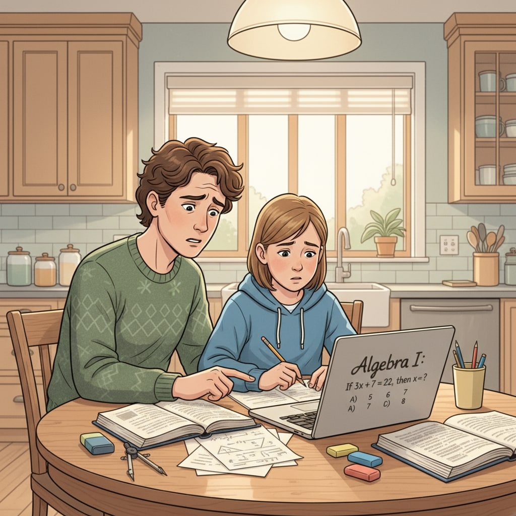 A worried parent helping their child with math homework on a Chromebook
