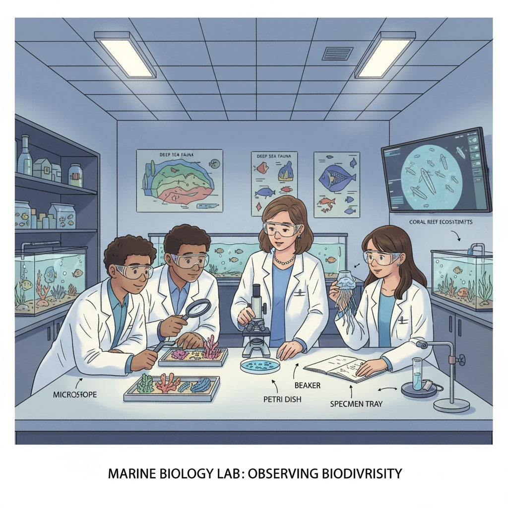 Students with no prior science knowledge exploring marine biology in a laboratory
