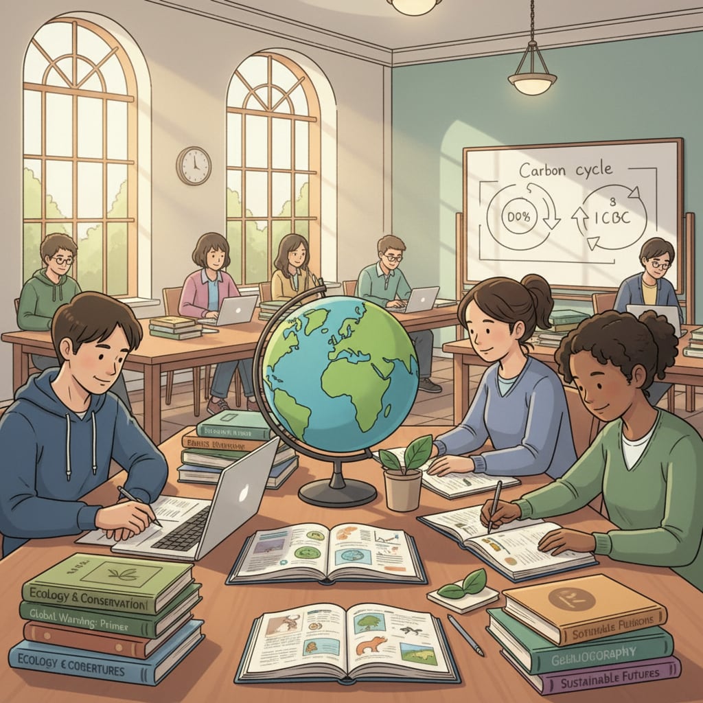 Non-science background students studying environmental science in a library