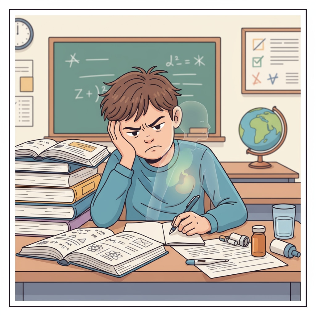 Frustrated high school student with chronic disease studying