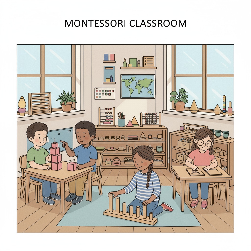 Gifted children exploring learning materials in a Montessori classroom during educational transition