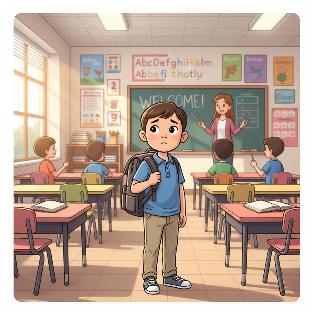 A twice exceptional gifted child looking lost during the transition to a public school classroom