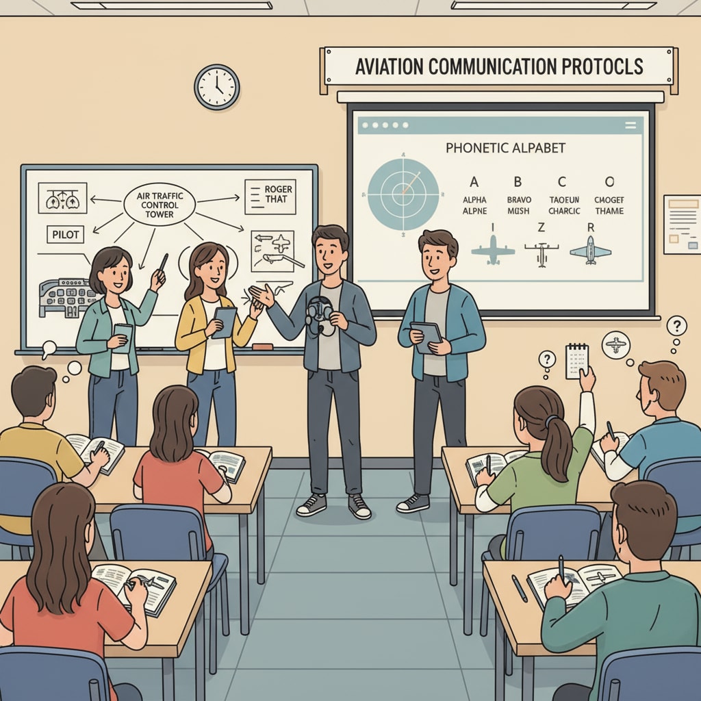 Students practicing communication skills relevant to pilot requirements
