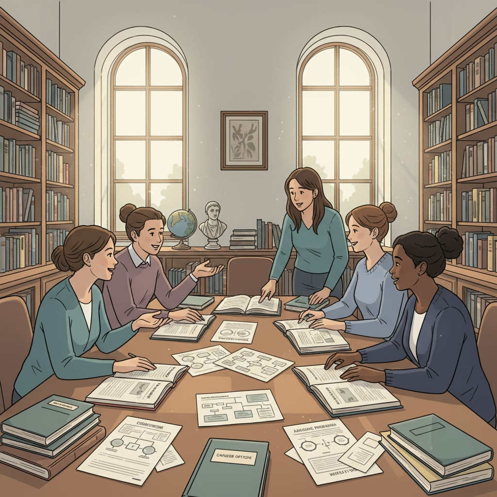 Software engineering students discussing their academic transition options in a library