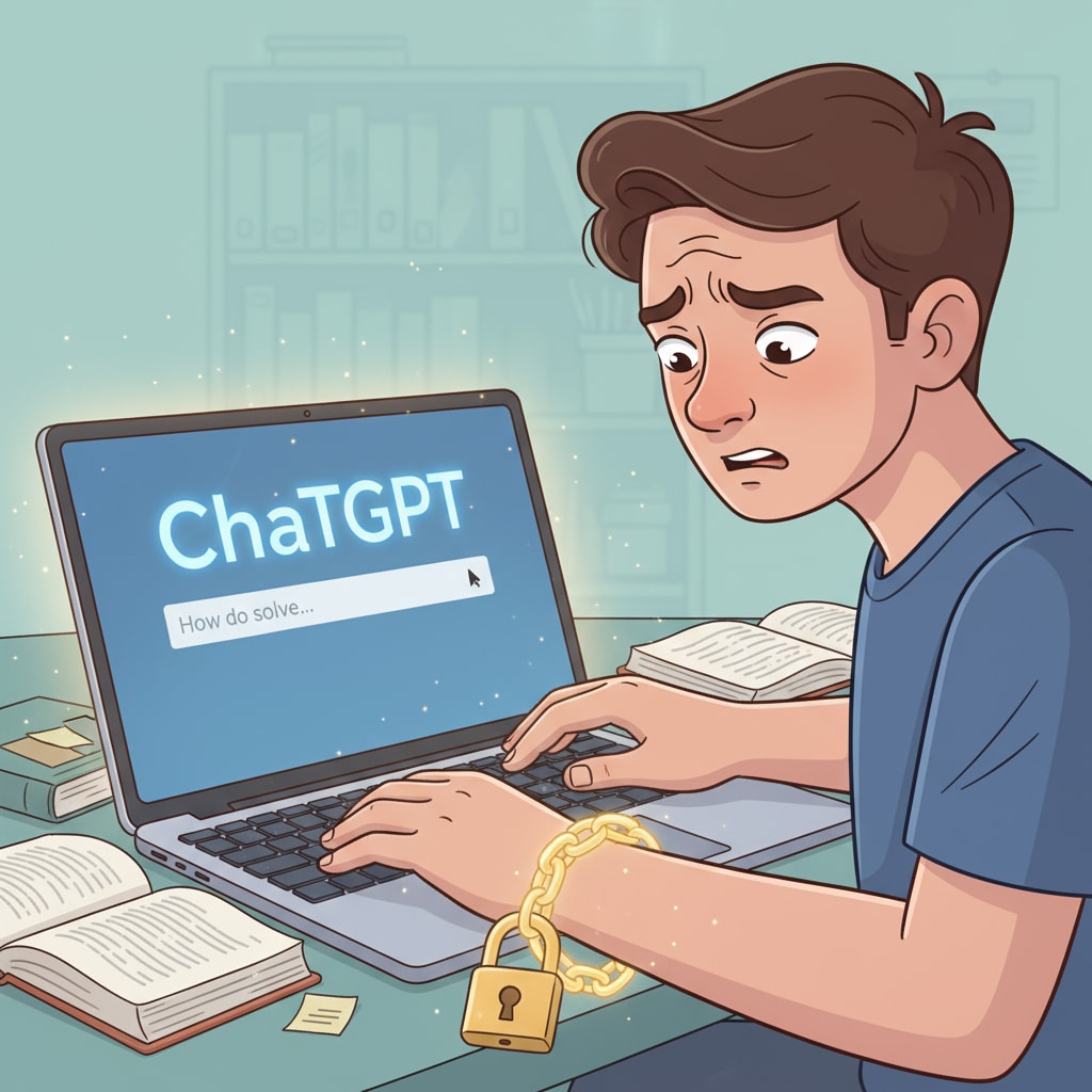 A student typing on ChatGPT with a worried look related to cheating