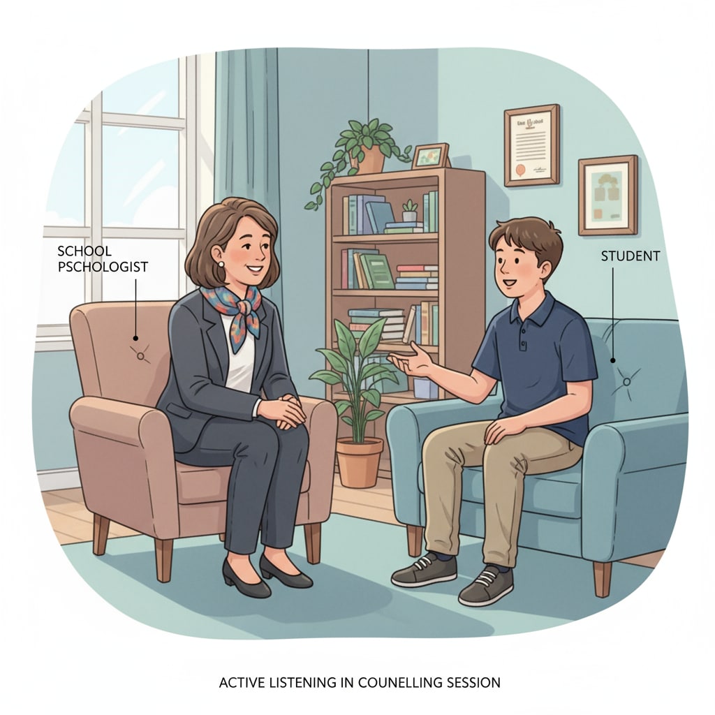 A school psychologist counseling a student in a private room for career-related advice