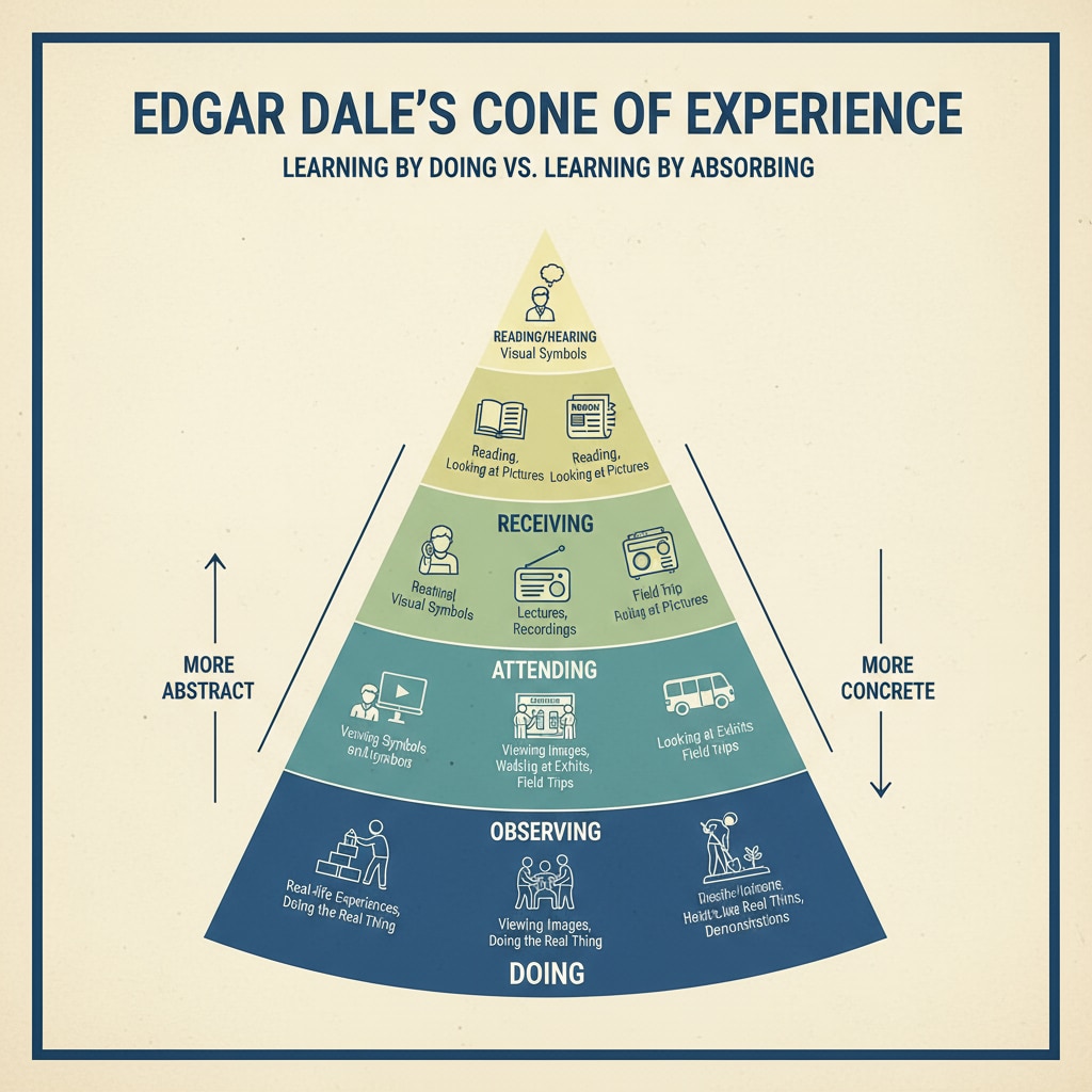 Visual representation of Edgar Dale's Cone of Experience relevant to learning theories, experiential learning, and sensory engagement