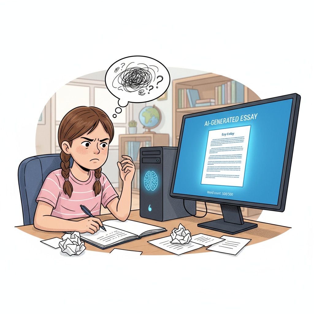 A frustrated child with an AI-generated essay alternative, depicting writing anxiety and the role of AI.