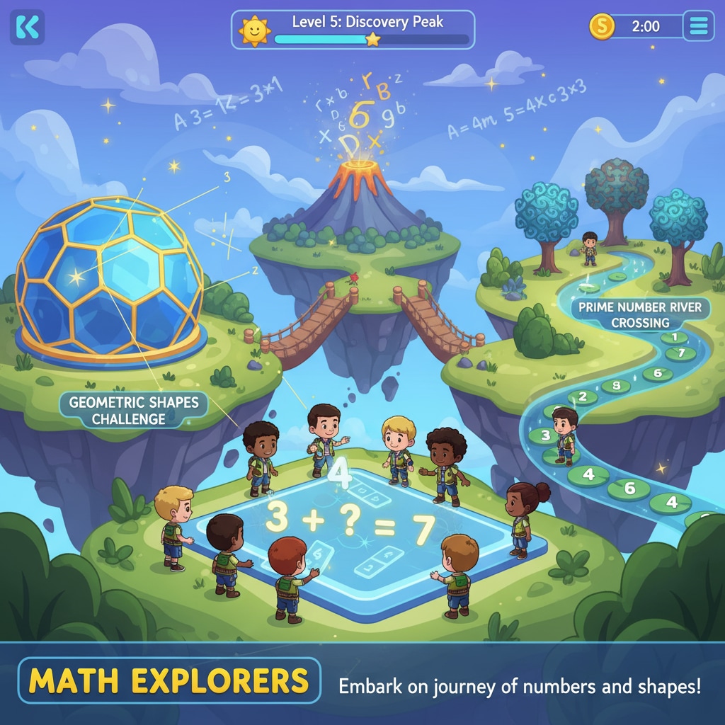 Screenshot of Math Explorers game showcasing gamified math learning in a procedurally generated world