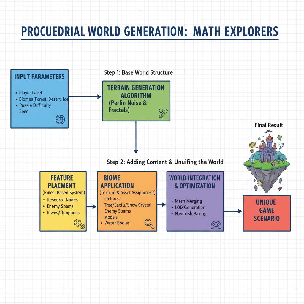 Diagram of procedural generation process in Math Explorers game for gamified math education