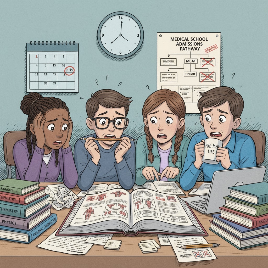 High school students experiencing study anxiety while preparing for medical school exams