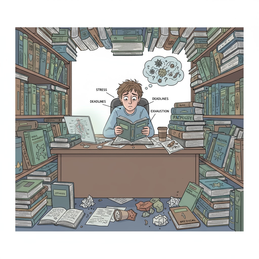 A stressed student surrounded by medical books, dealing with knowledge gaps and anxiety