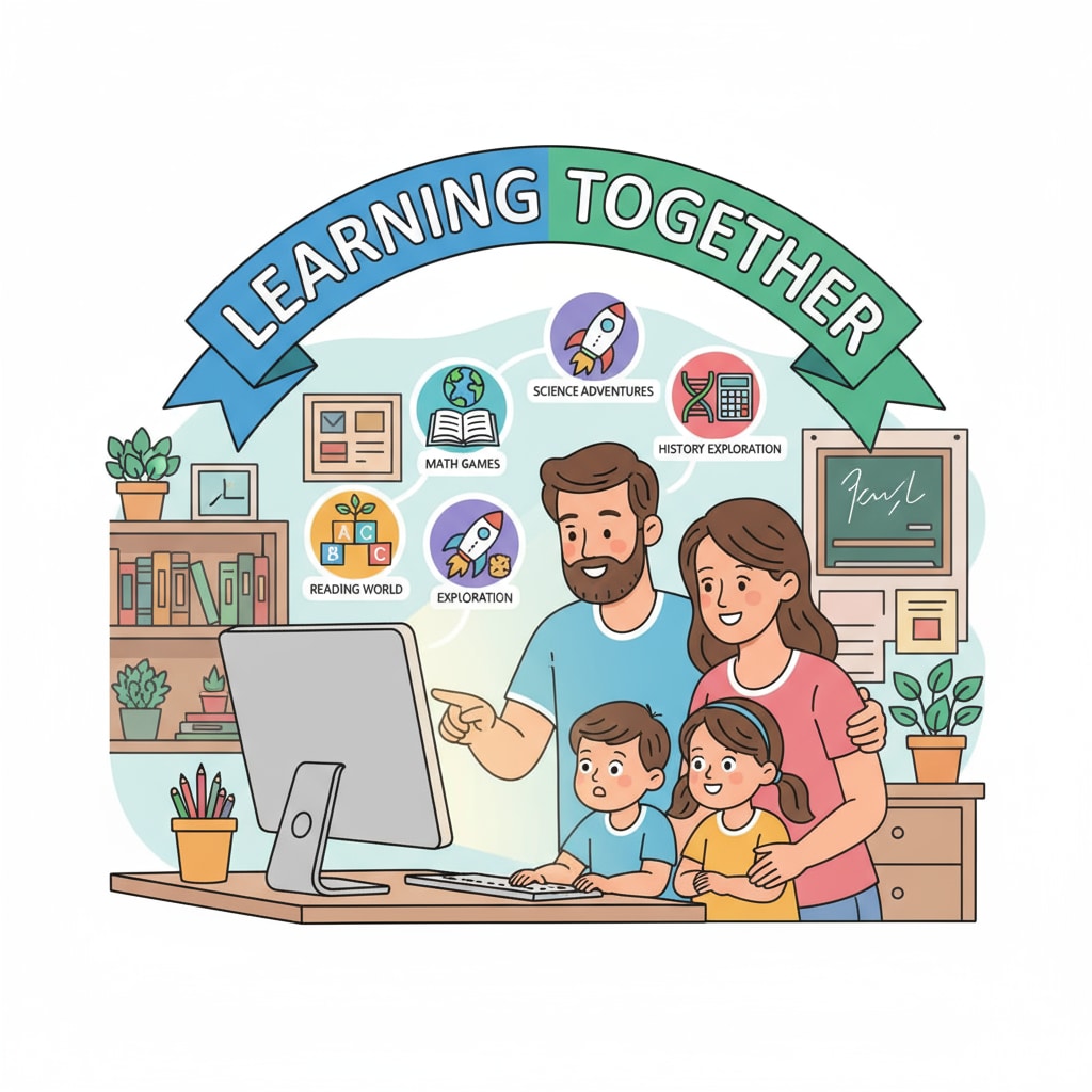 Parents and children exploring online academic resources for family education teaching arrangements