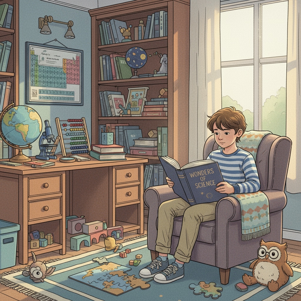 A child utilizing physical educational materials in a study corner for family education