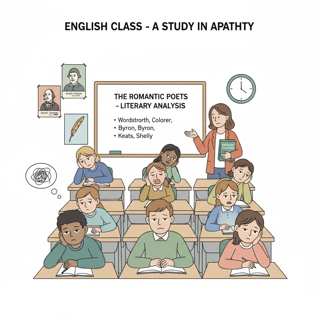 Students' bored expressions during 9th grade English class, related to English courses, literary works, and learning experiences