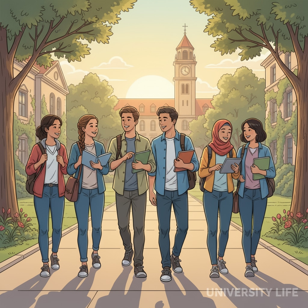 A diverse group of students experiencing university life despite age differences.