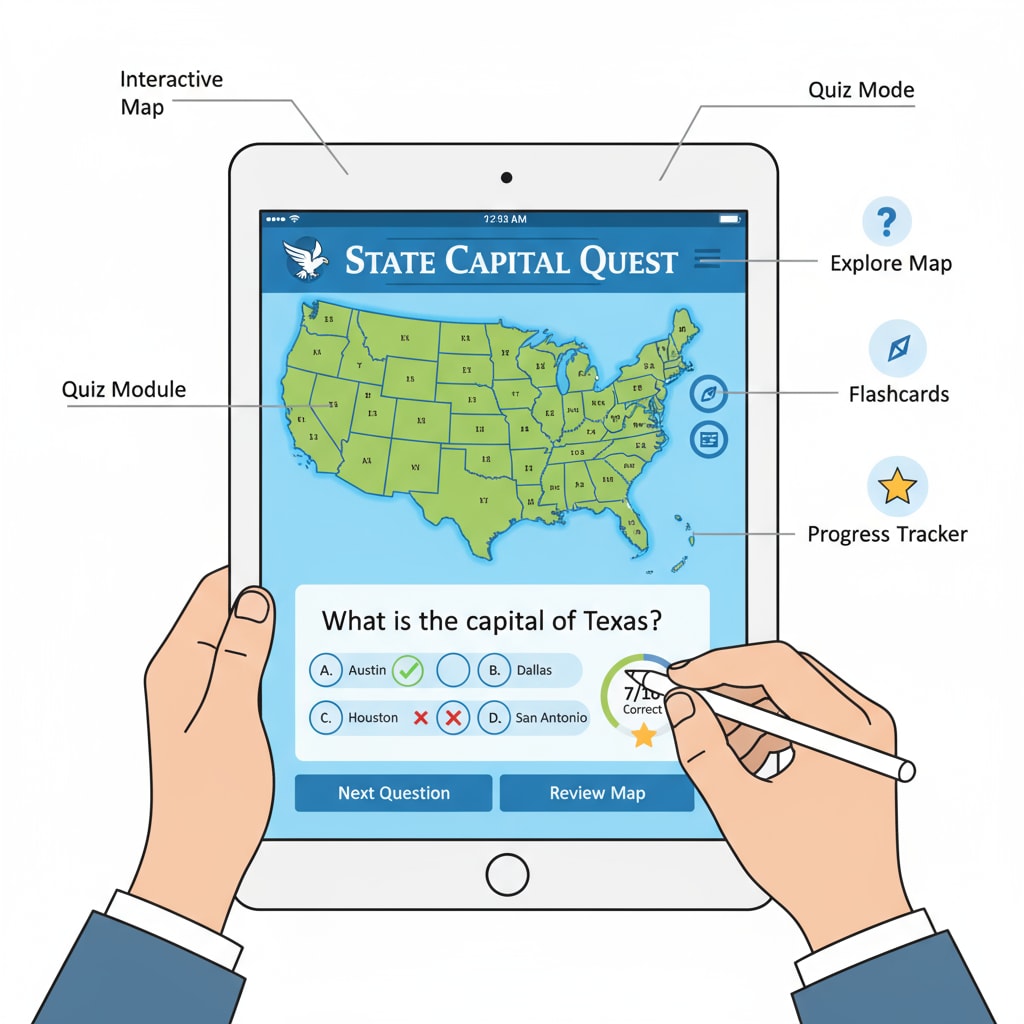Screenshot of a US state capital learning app as an educational tool