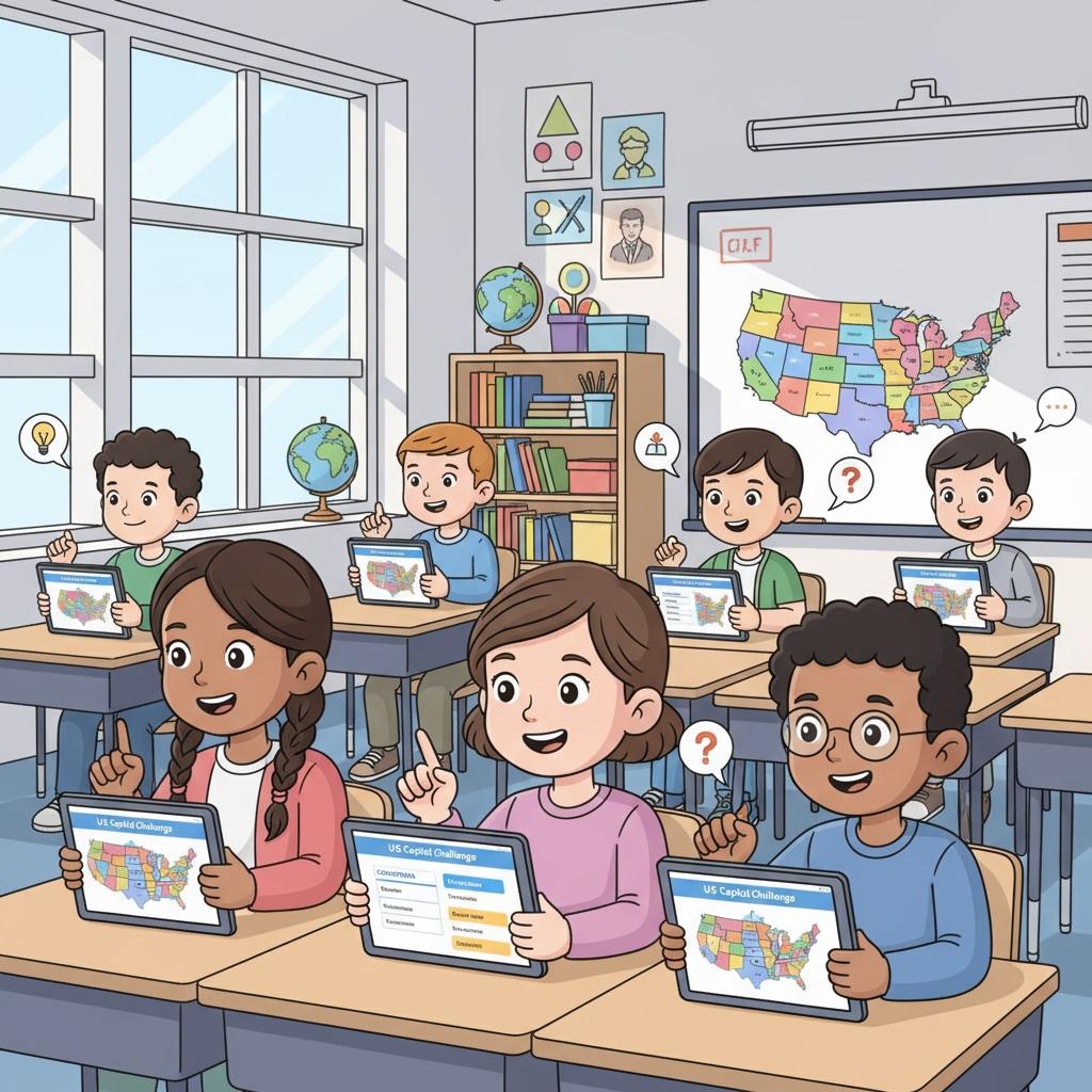 Students using US state capital learning app in a classroom for geography education