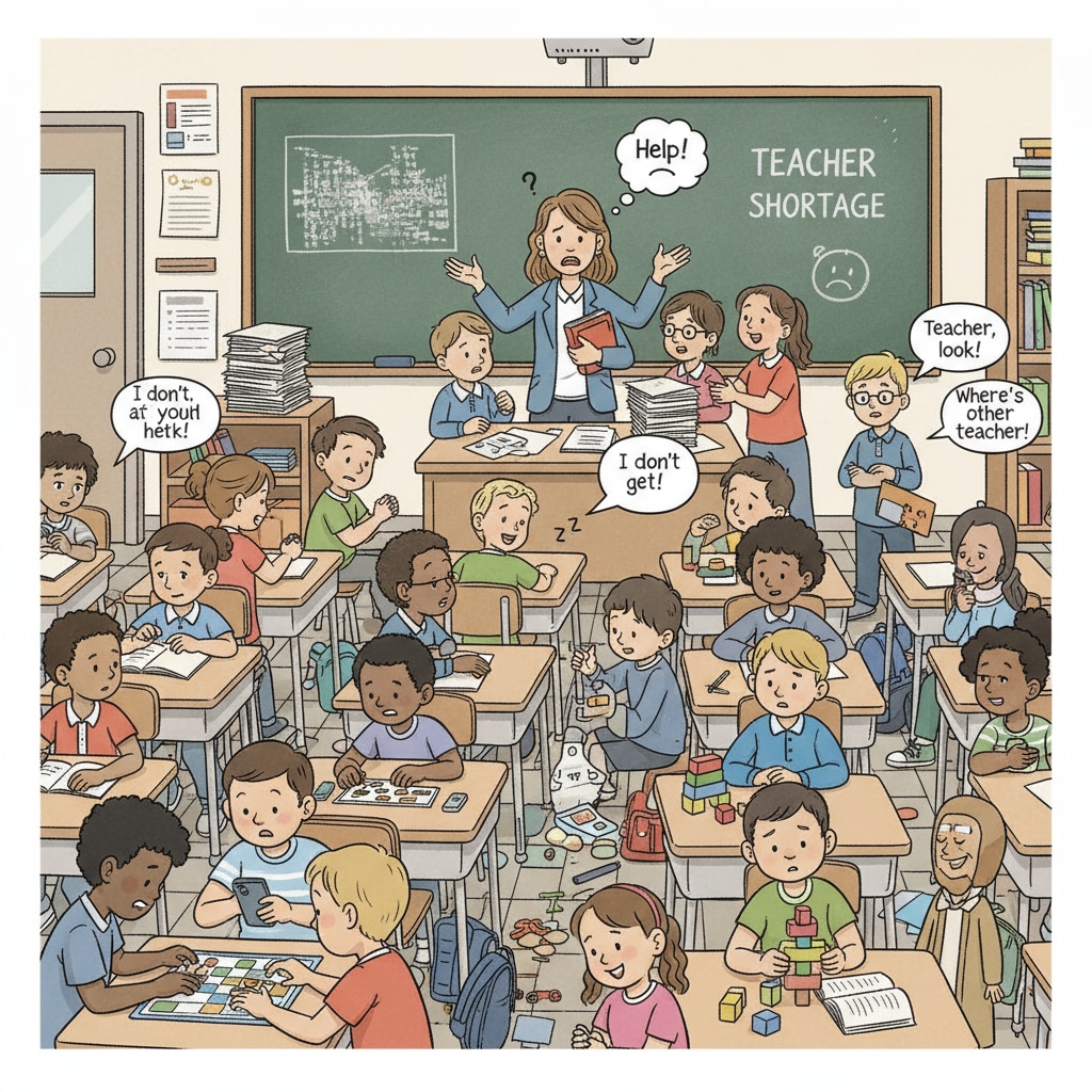 Classroom scene highlighting the impact of teacher shortage in relation to teacher salaries, income gap, and teacher shortage