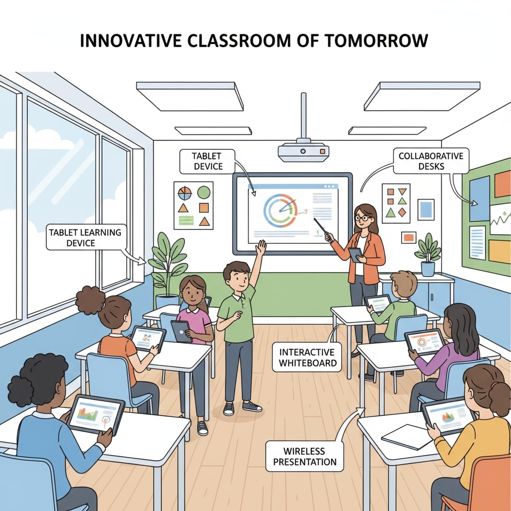 Modern primary education classroom with students using tablets, relevant to educational innovation, traditional teaching methods, and curriculum reform