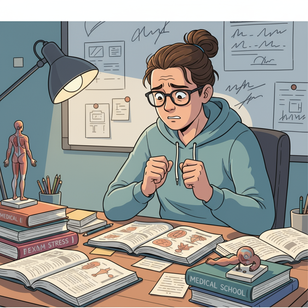 A young student is sitting at a desk, looking worried with a furrowed brow as they stare at open medical textbooks, feeling the stress of preparing for the exams. A student looking worried while studying medical textbooks