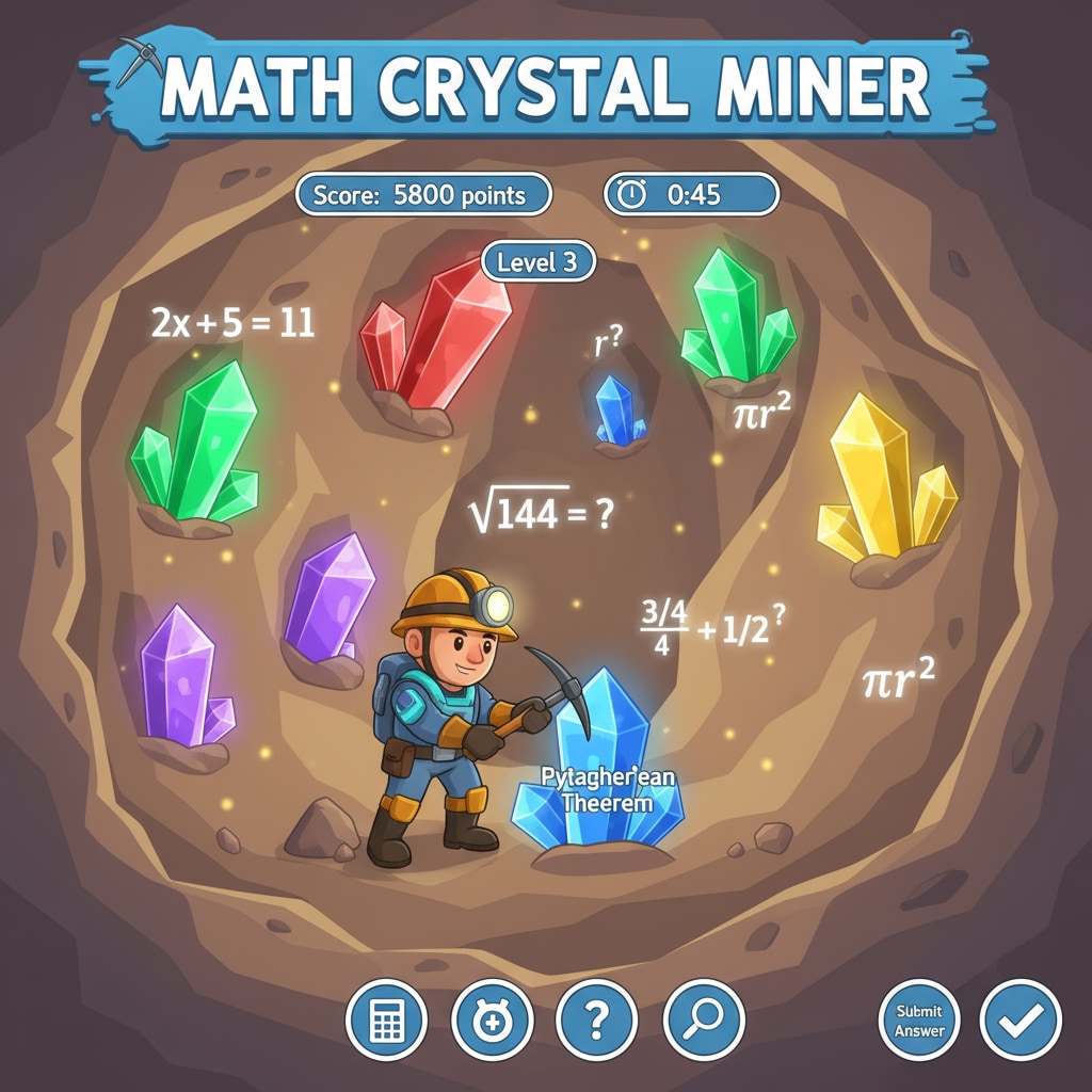 A screenshot of the A view of the Math Crystal Miner game with its virtual mining setup and math problems.